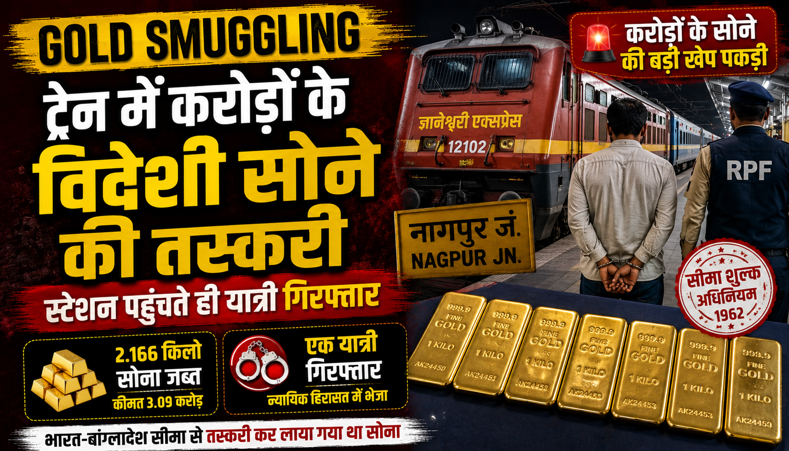 नागपुर रेलवे स्टेशन पर ज्ञानेश्वरी एक्सप्रेस से करोड़ों रुपये का विदेशी सोना बरामद