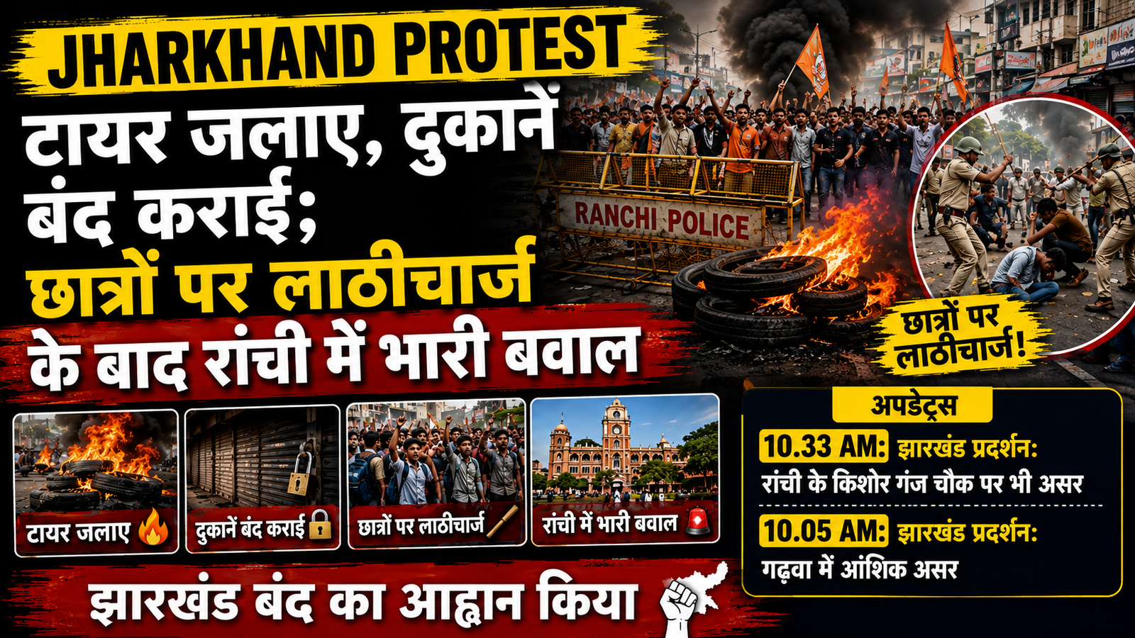Jharkhand Bandh: छात्रों पर लाठीचार्ज के विरोध में बंद का असर, रांची में टायर जलाकर प्रदर्शन