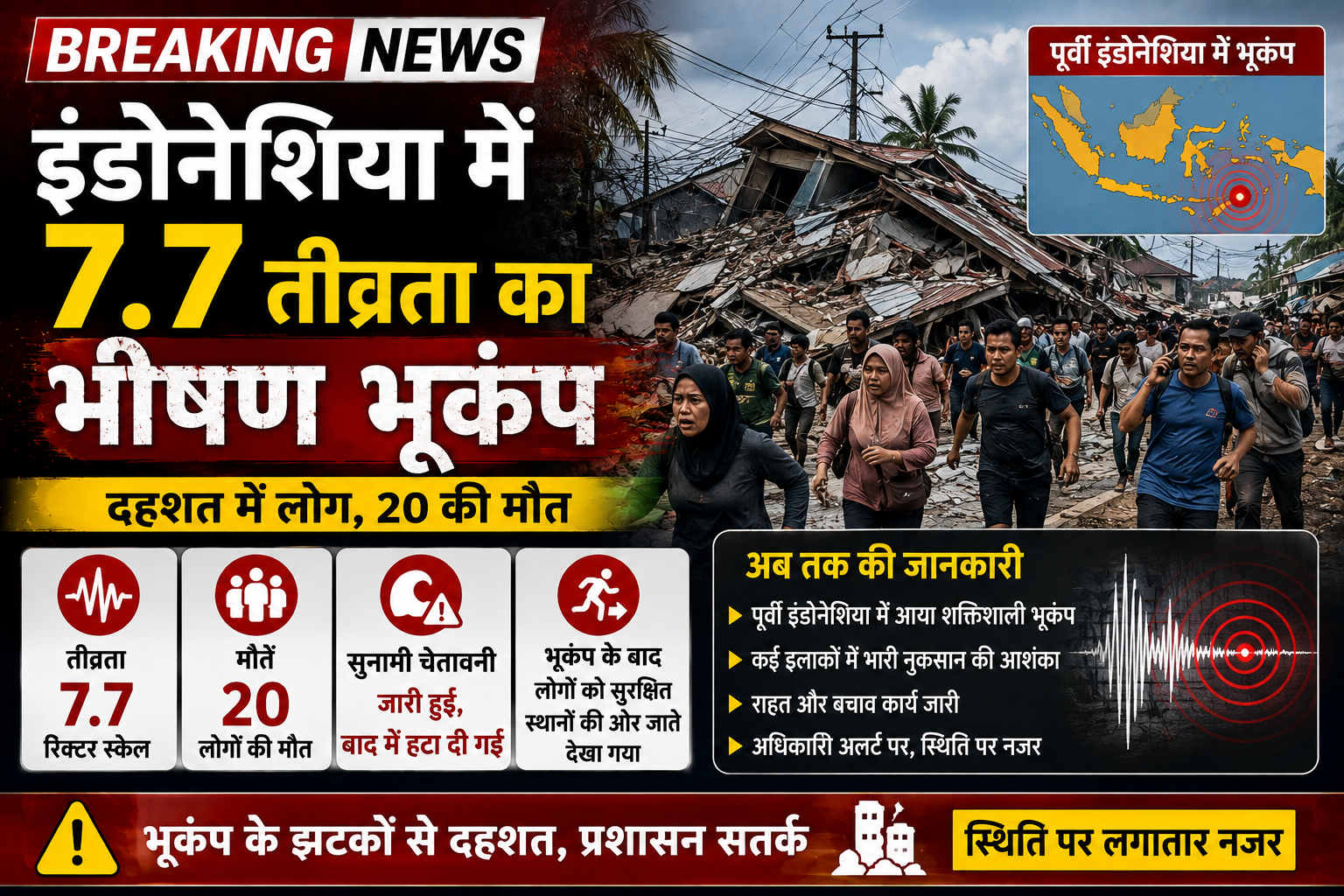 इंडोनेशिया में 7.7 तीव्रता का भीषण भूकंप, 20 लोगों की मौत; सुनामी चेतावनी बाद में हटी