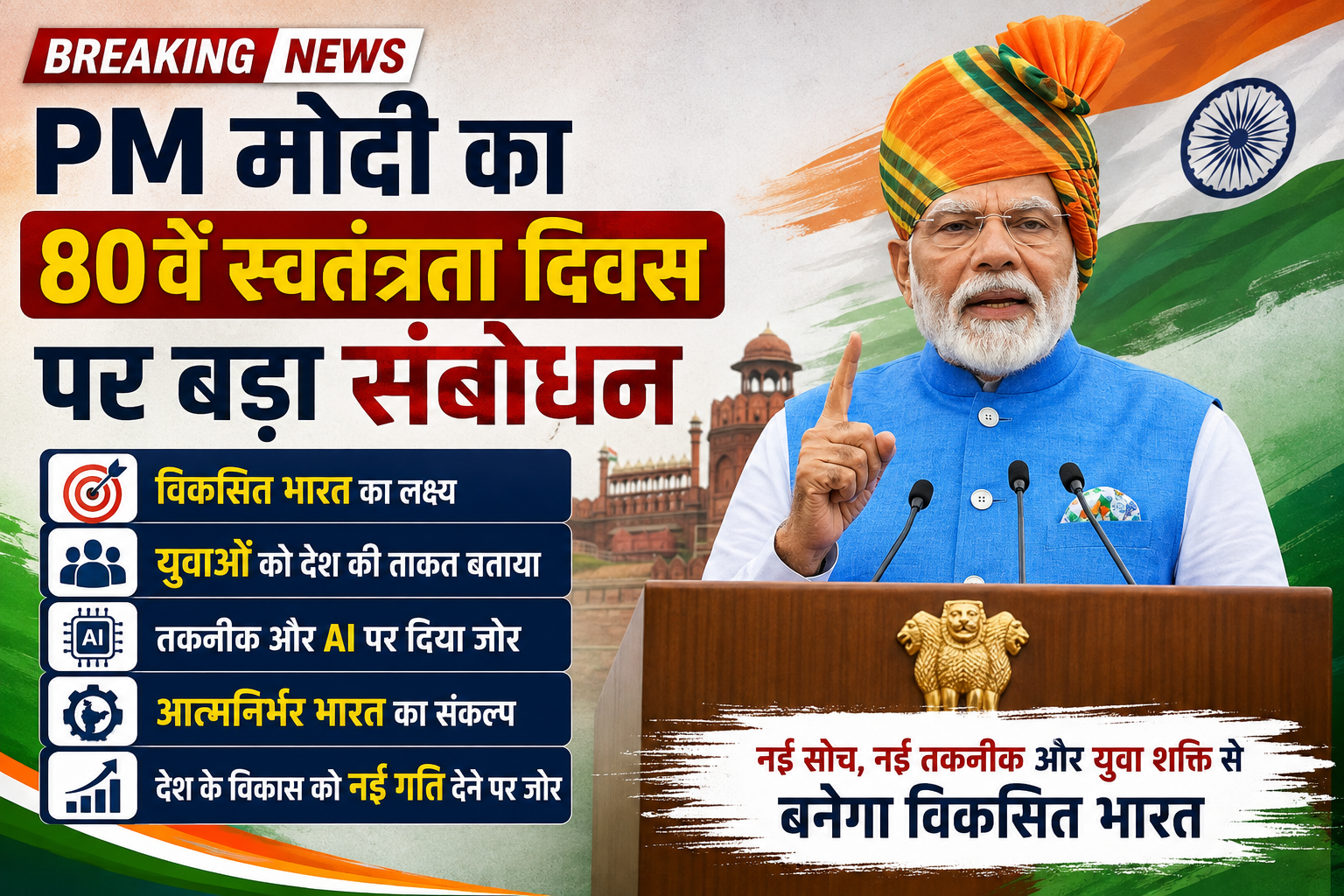 PM मोदी का 80वें स्वतंत्रता दिवस पर बड़ा संबोधन, AI से युवाओं तक विकास का रोडमैप