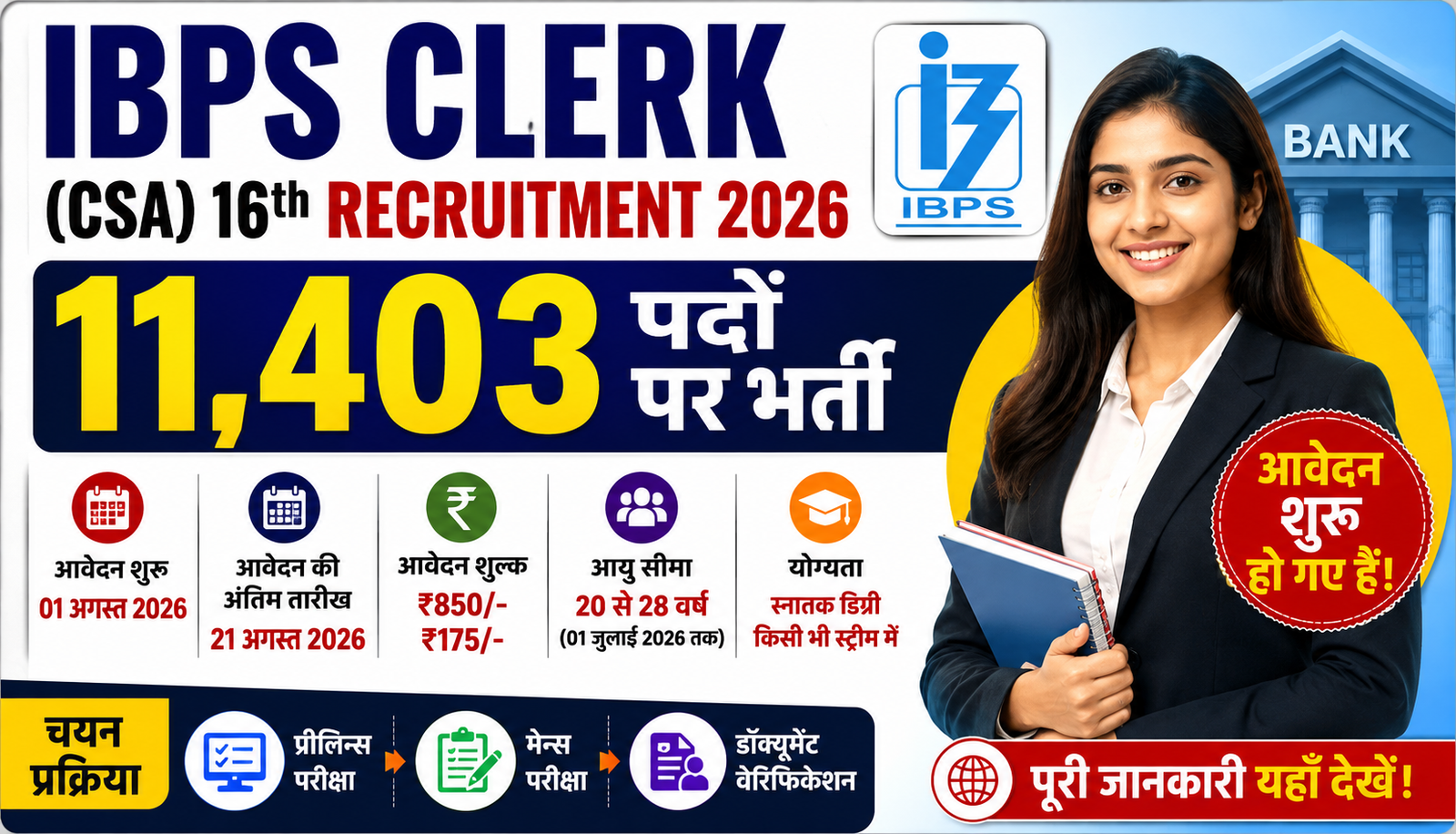 IBPS Clerk CSA Recruitment 2026 के 11,403 पदों पर भर्ती की जानकारी