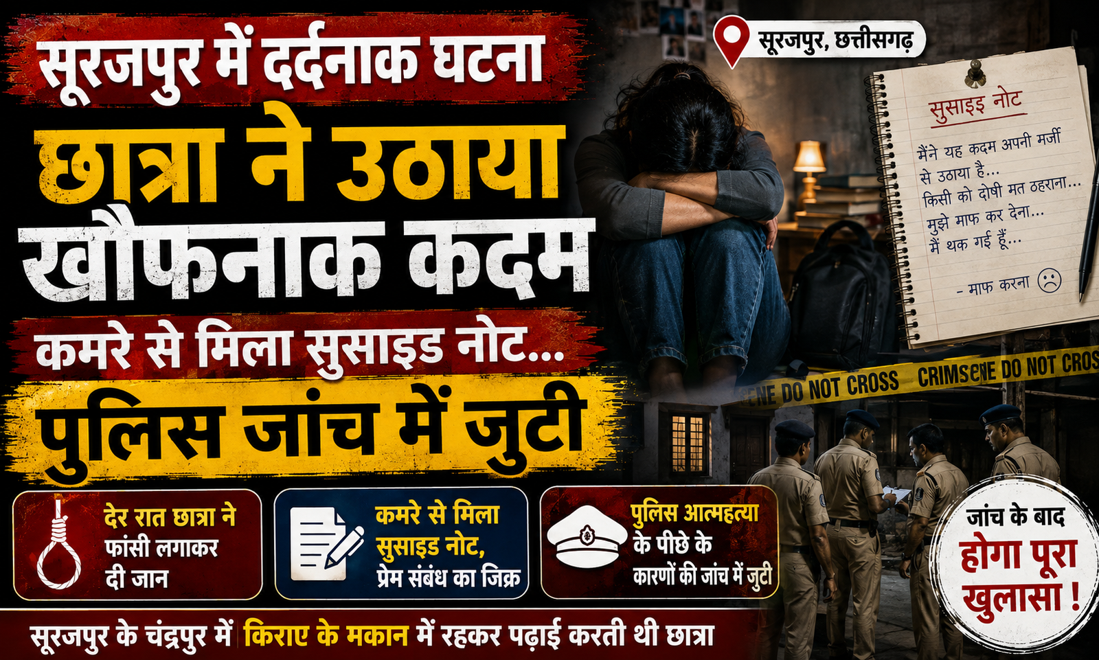 Surajpur Student Suicide: किराए के कमरे में छात्रा की मौत, सुसाइड नोट मिलने से मचा हड़कंप; जांच में जुटी पुलिस