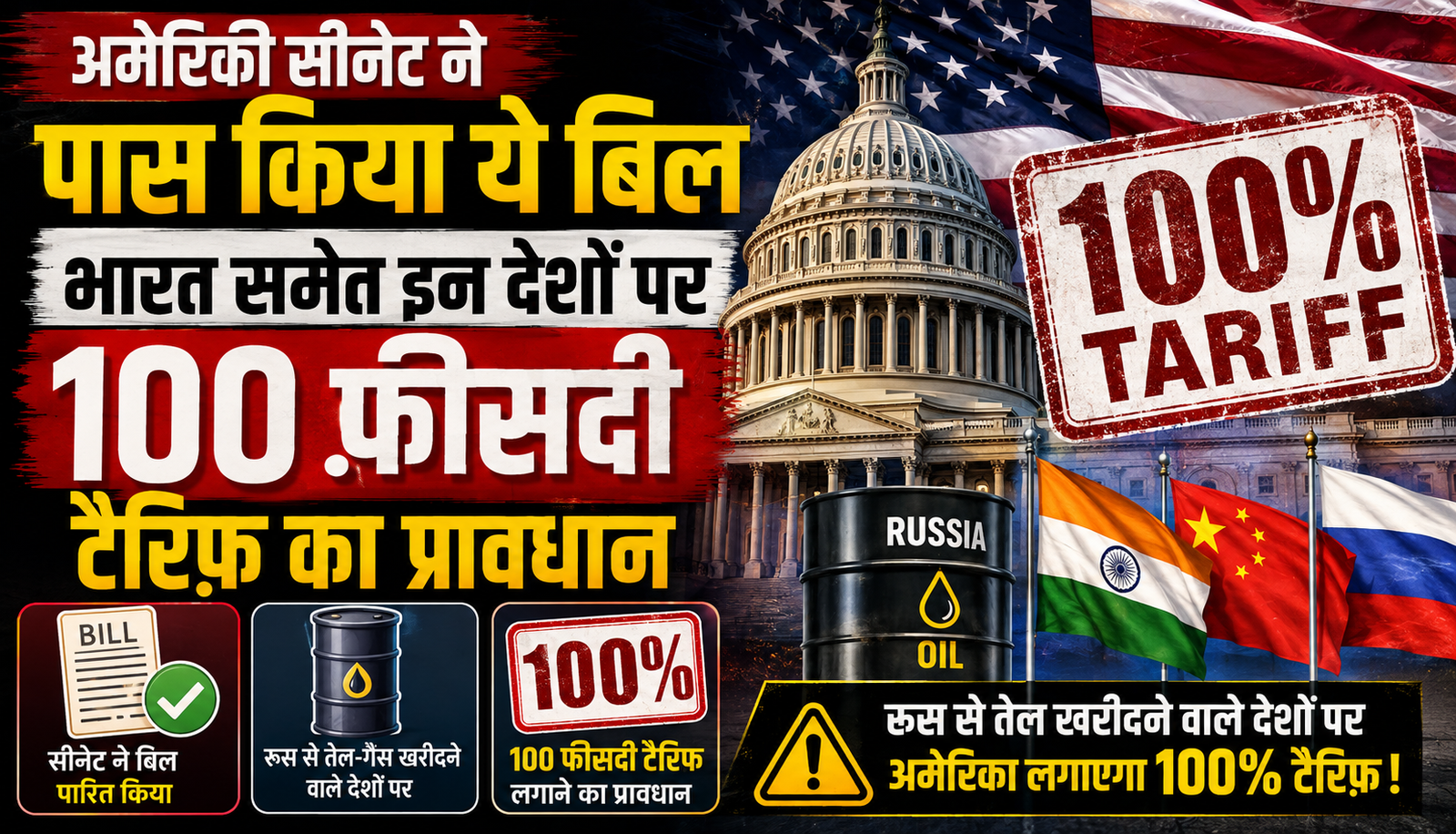 अमेरिकी सीनेट में रूस पर बड़ा एक्शन, भारत समेत रूस से तेल खरीदने वाले देशों पर 100% टैरिफ का प्रावधान