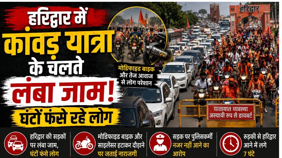 हरिद्वार में कांवड़ यात्रा के बीच 5-6 किमी लंबा जाम, घंटों फंसे लोग; तेज आवाज वाली बाइकों पर नाराजगी