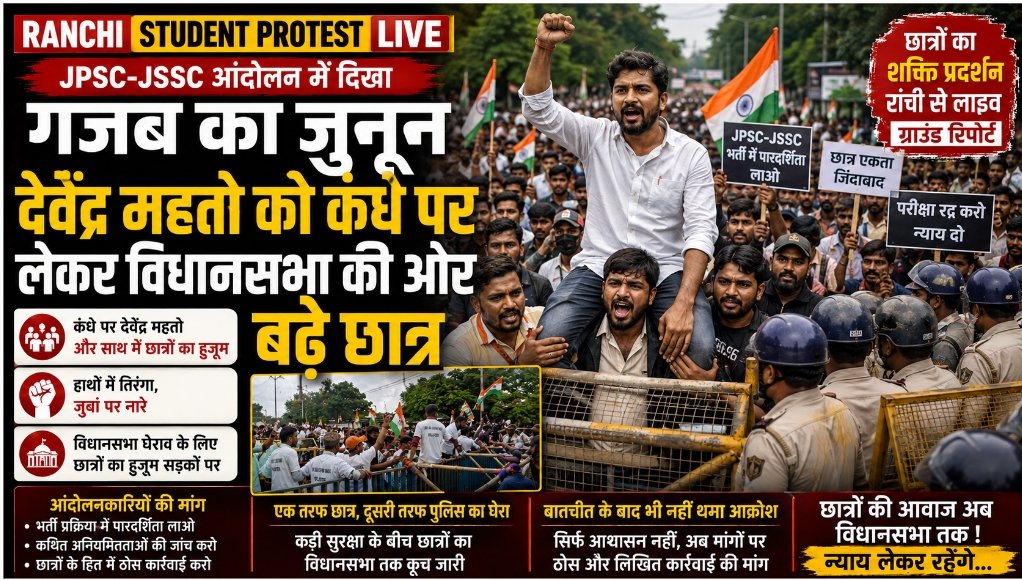 Ranchi Student Protest: JPSC-JSSC आंदोलन में छात्रों का शक्ति प्रदर्शन, देवेंद्र महतो को कंधे पर लेकर विधानसभा की ओर बढ़े
