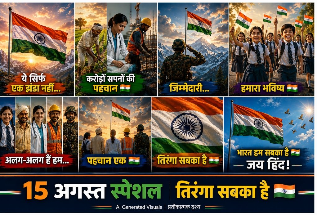15 अगस्त स्पेशल AI वीडियो में तिरंगे के साथ किसान, डॉक्टर, मजदूर, जवान और बच्चों के प्रतीकात्मक दृश्य