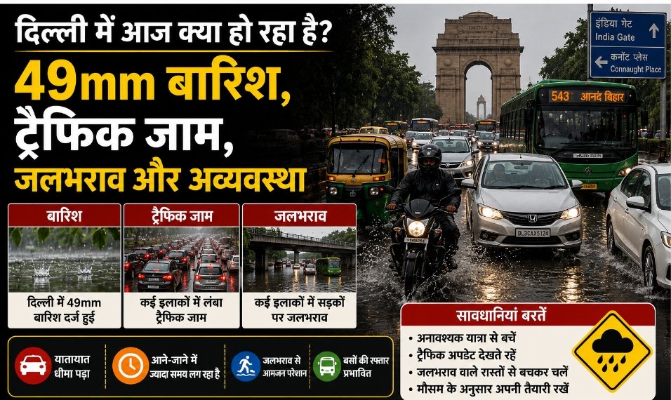 दिल्ली में तेज बारिश के बाद सड़क पर भरा पानी और जलभराव के बीच गुजरते वाहन