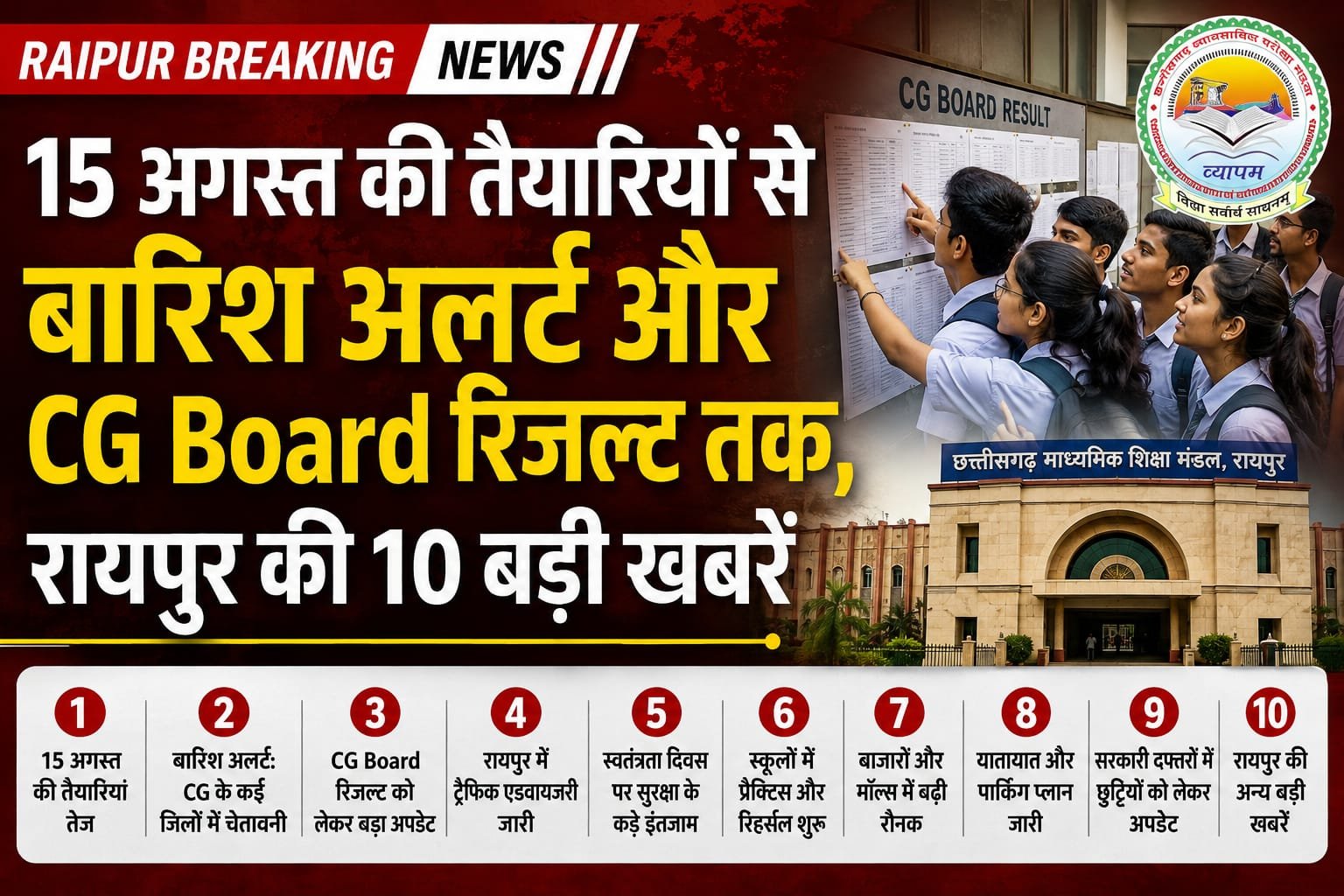 रायपुर की आज की बड़ी खबरें, 15 अगस्त की तैयारियां, बारिश अलर्ट और CG Board रिजल्ट