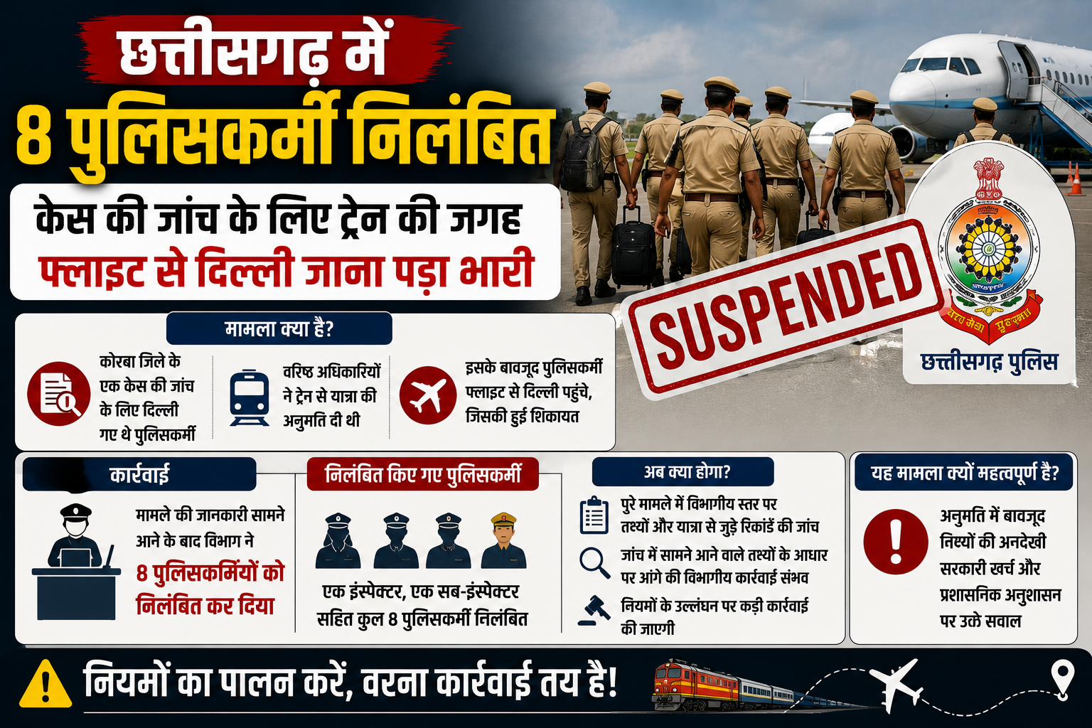 छत्तीसगढ़ में 8 पुलिसकर्मी निलंबित, केस की जांच के लिए ट्रेन की जगह फ्लाइट से दिल्ली जाना पड़ा भारी
