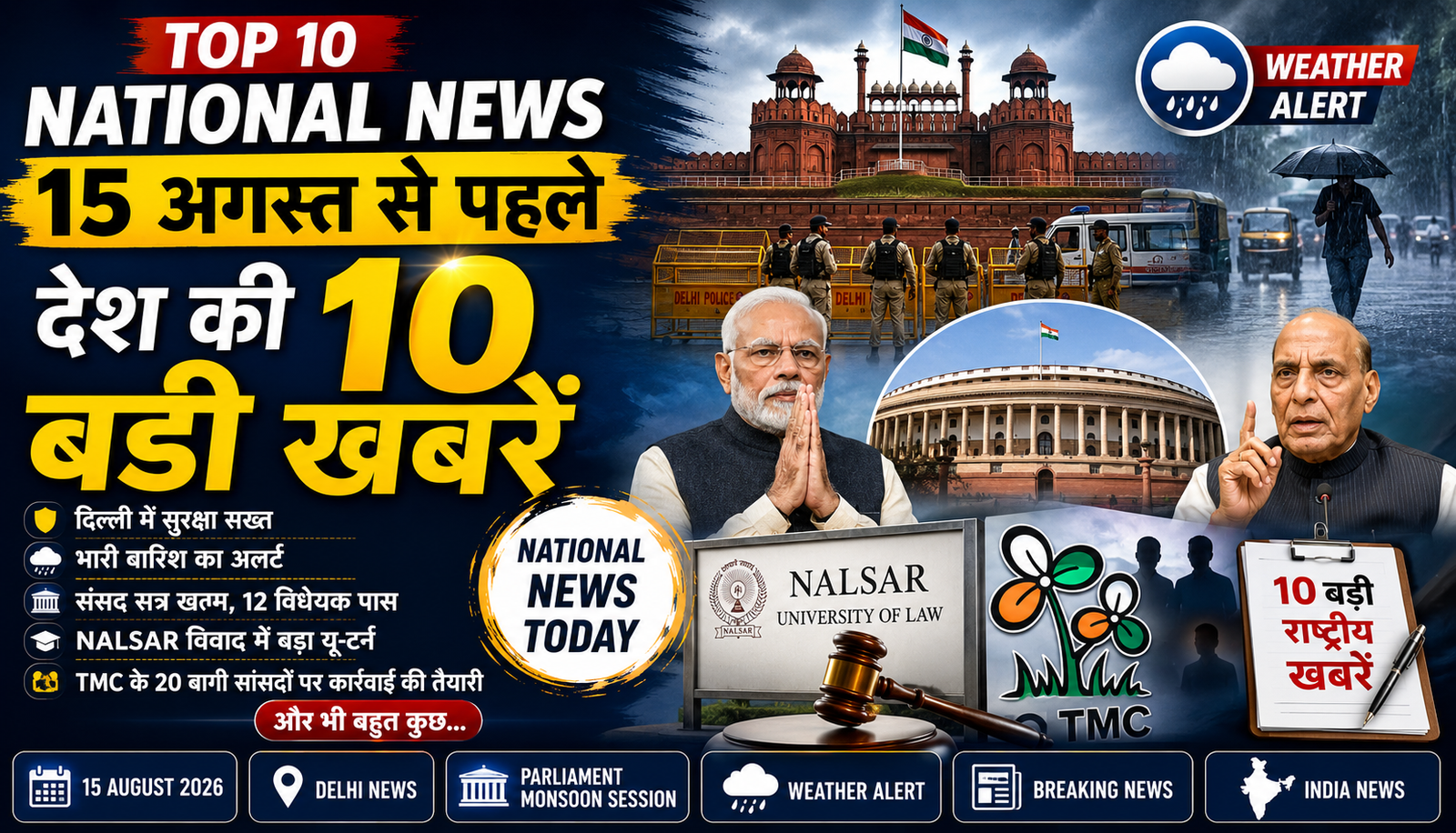 Top 10 National News: 15 अगस्त से पहले दिल्ली में सुरक्षा सख्त, बारिश अलर्ट से संसद सत्र तक देश की 10 बड़ी खबरें